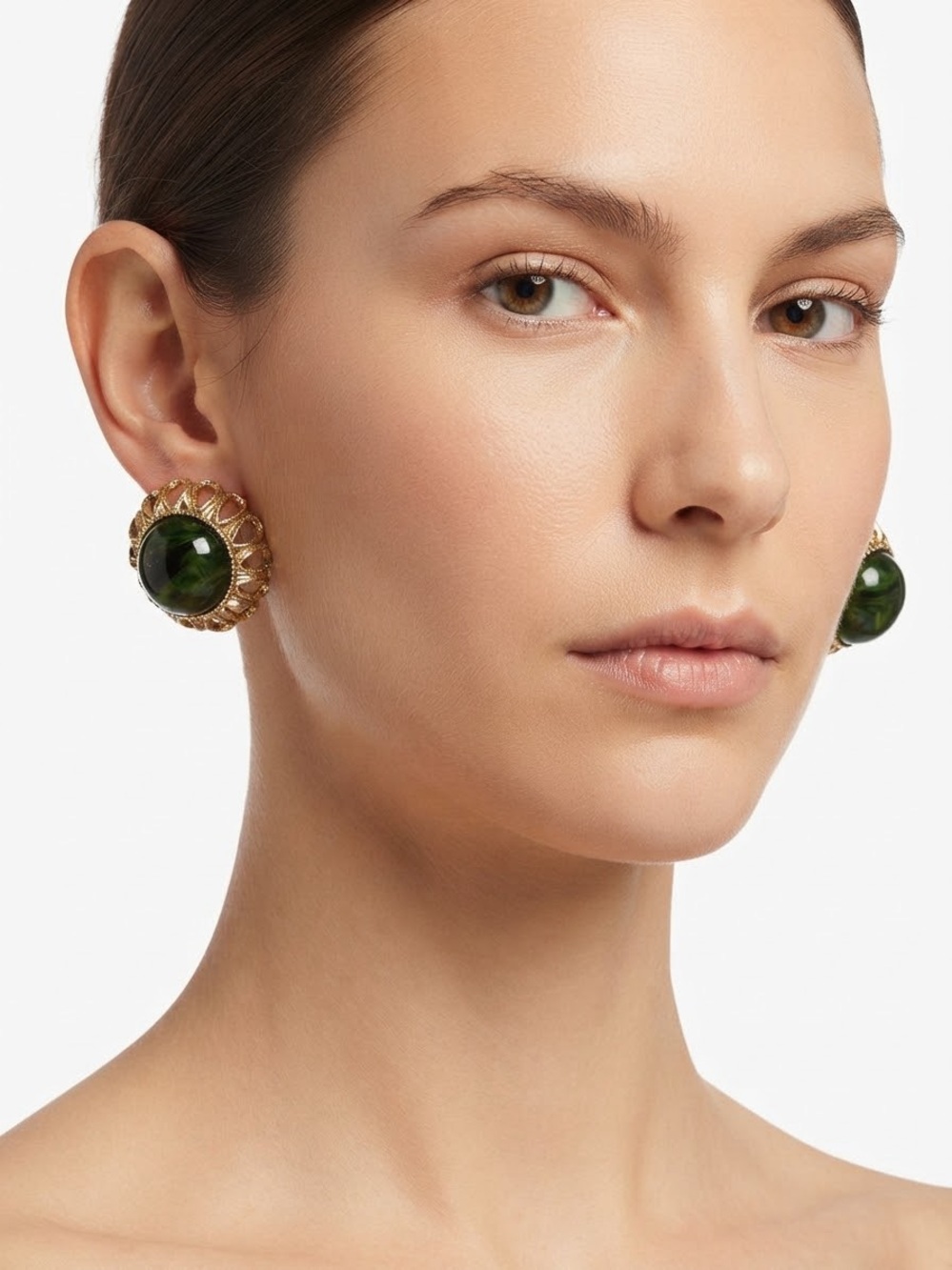 Orena Gold Tone Earrings with Deep Green Cabochon Center